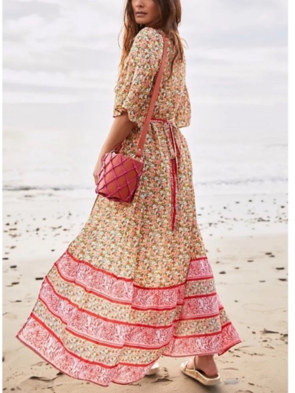 NWT Maaji Maxi Coral and Cream Floral Maxi Cover Up Wrap Dress.M